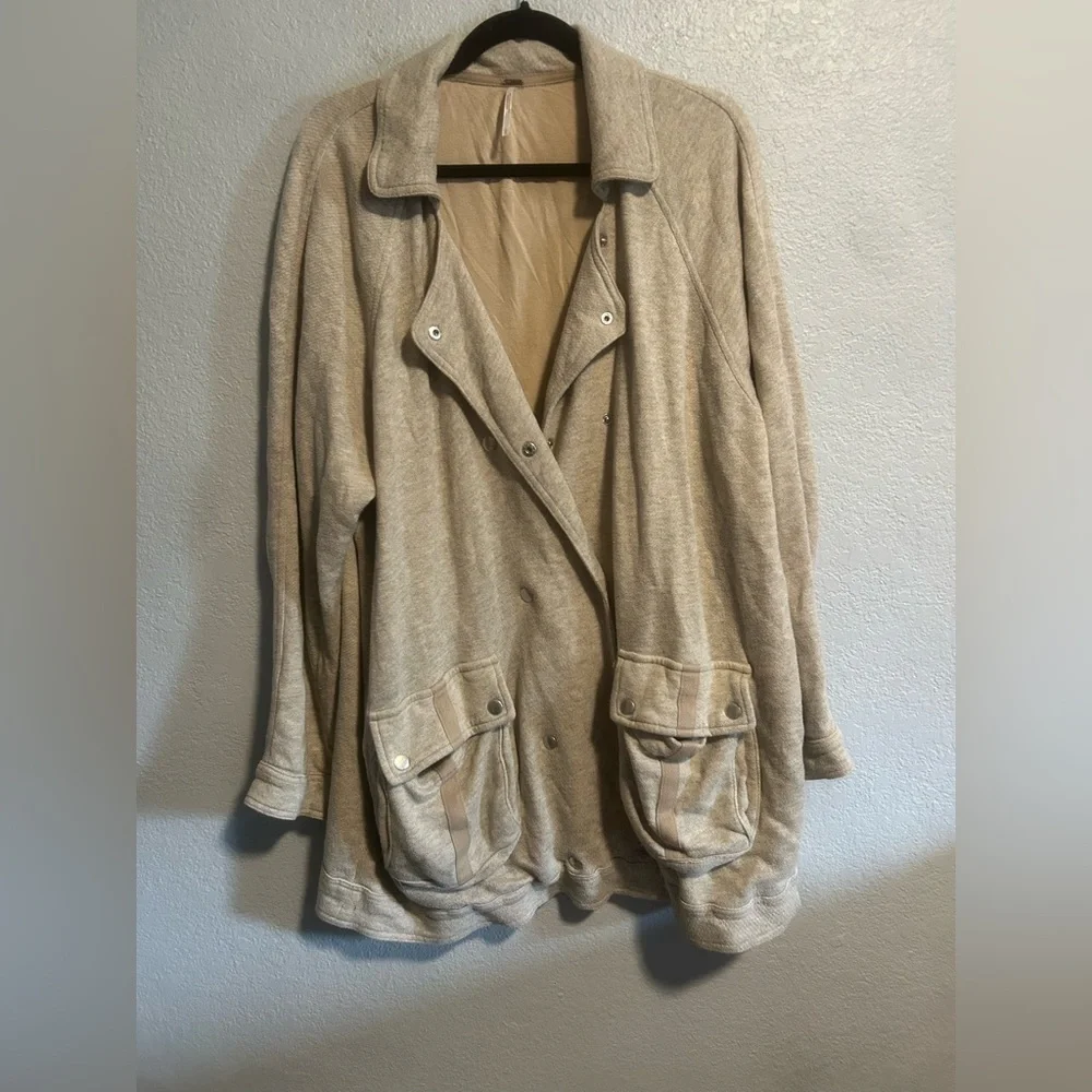 Free People Beige Utility Knit Double Snap Oversized Jacket Womens